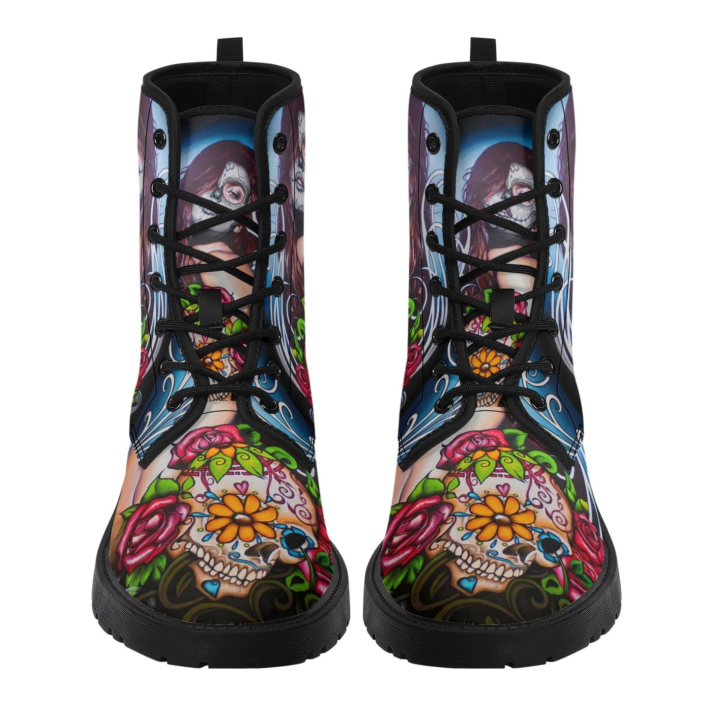 Floral sugar skull girl boots for women grim reaper gothic women boots Halloween Candy skull skeleton boots, rose mexico skull leather boots