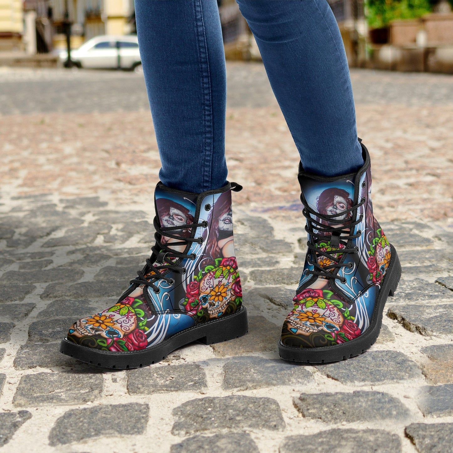 Floral sugar skull girl boots for women grim reaper gothic women boots Halloween Candy skull skeleton boots, rose mexico skull leather boots