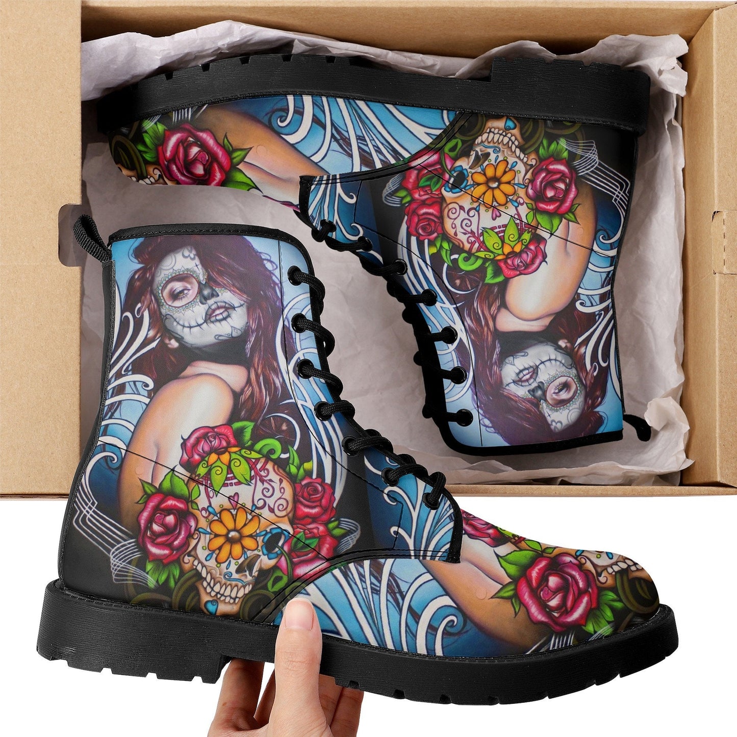 Floral sugar skull girl boots for women grim reaper gothic women boots Halloween Candy skull skeleton boots, rose mexico skull leather boots