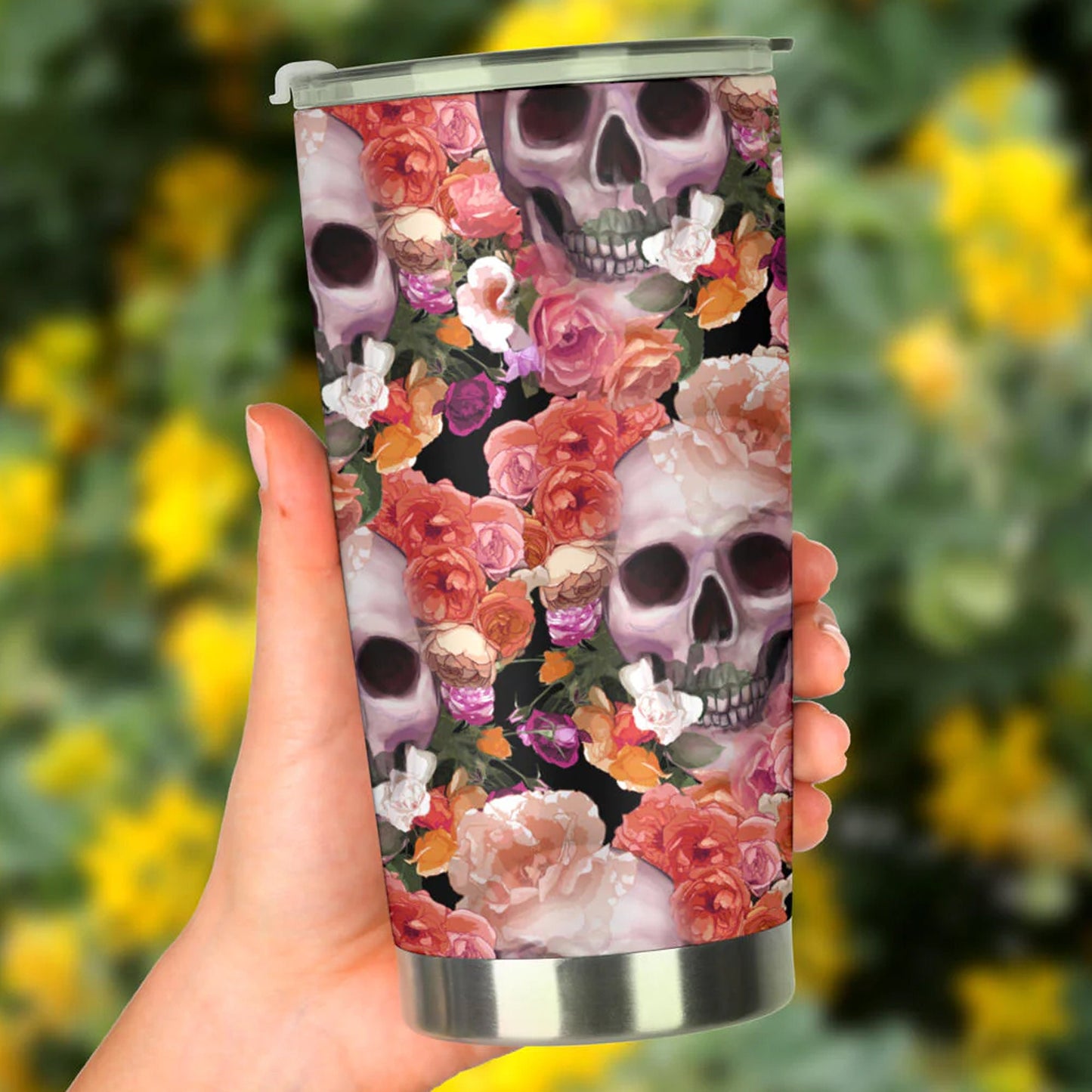 Floral skull tumbler, flower skull cup mug tumblr skull rose skull  travel tumbler Gothic skull mug tumbler skull mug grim reaper gothic mug