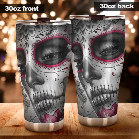 Sugar skull cat tumbler, Candy skull cat cup mug tumblr skull rose skull travel tumbler, skull mug tumbler day of the dead cat skull tumbler