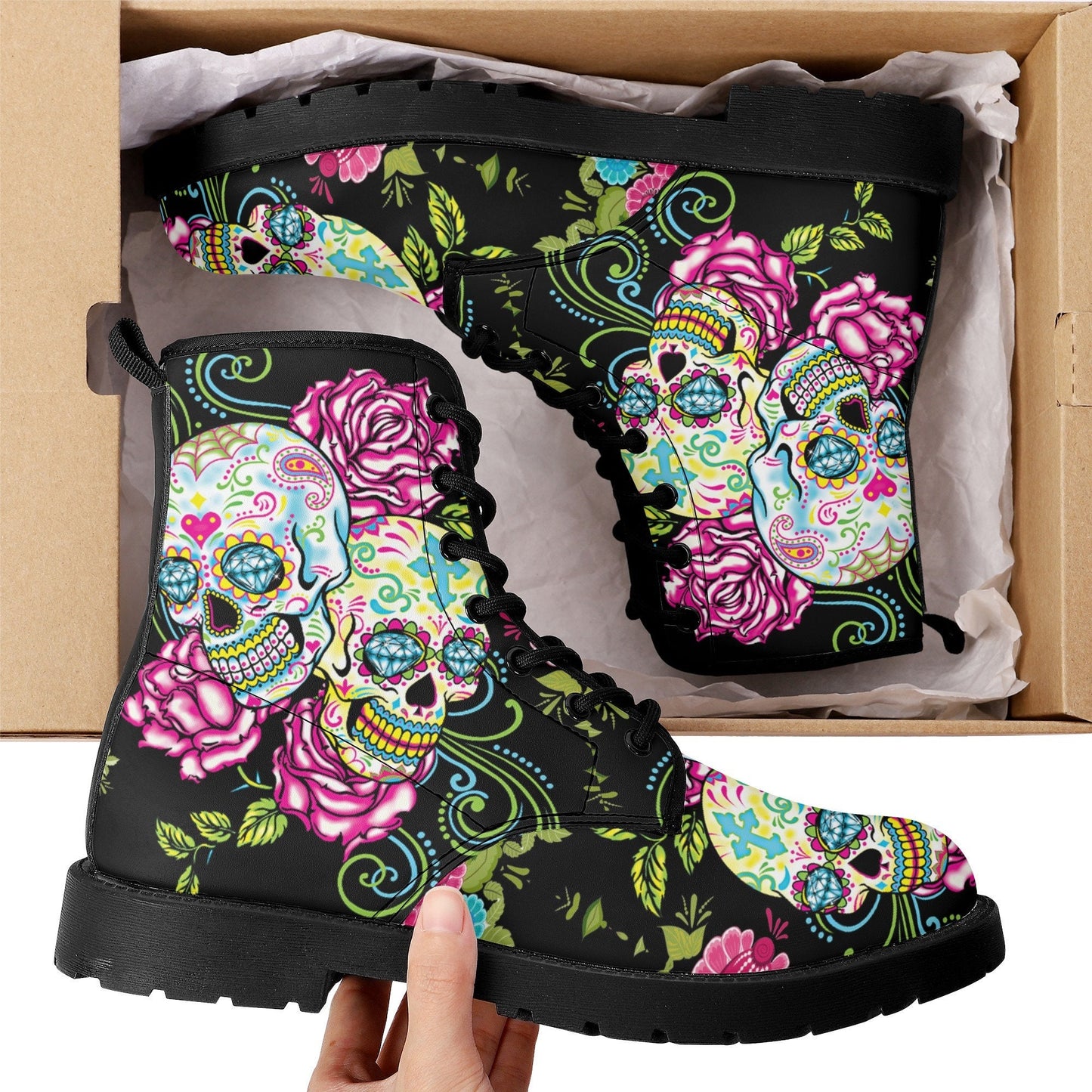 Candy skull day of the dead leather boots, Sugar Mexico skull boots for men women, Dia de los muertos skull boots shoes, Floral skull boots