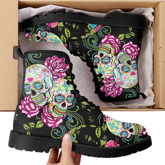 Candy skull day of the dead leather boots, Sugar Mexico skull boots for men women, Dia de los muertos skull boots shoes, Floral skull boots