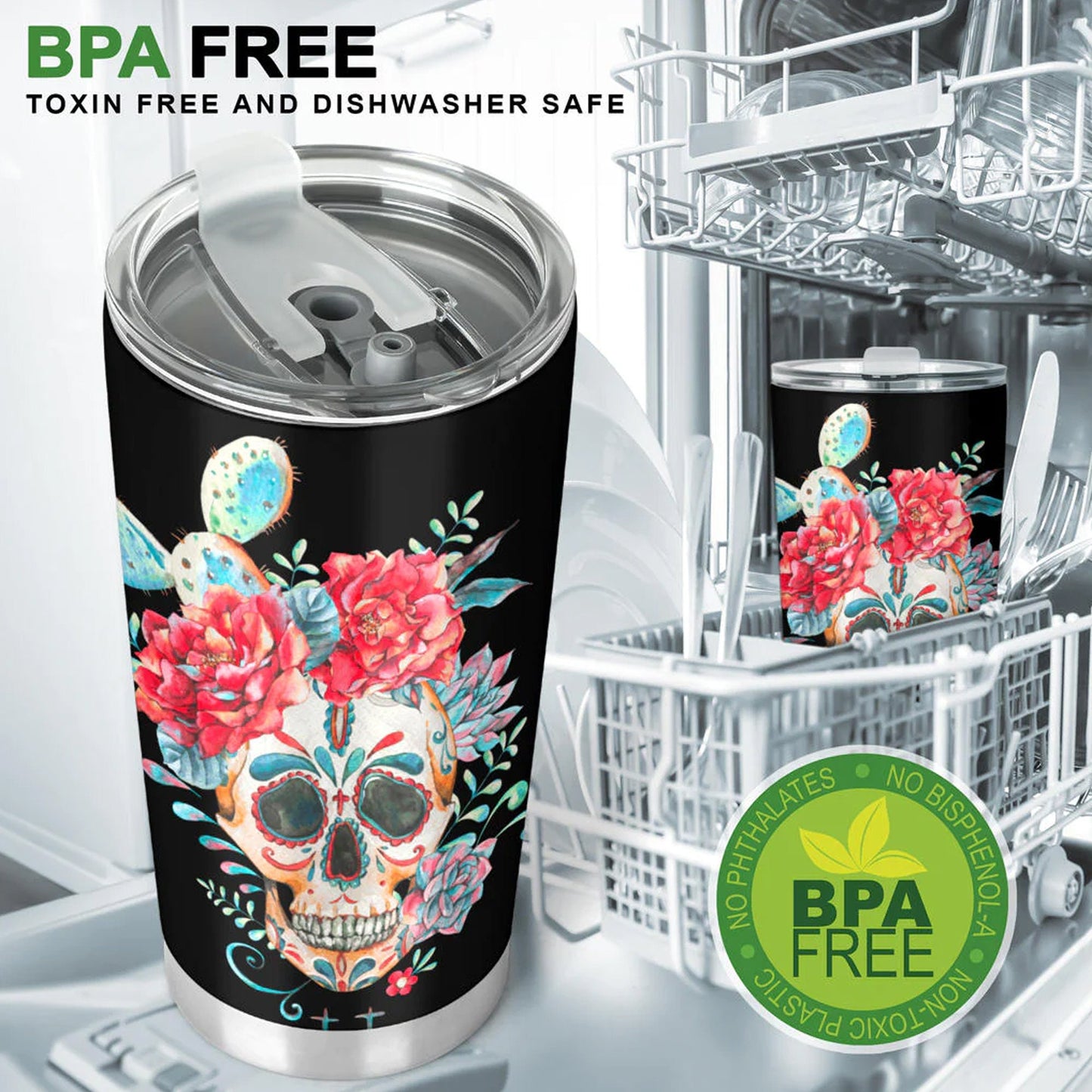 Floral skull tumbler, gothic skull cup mug, skull travel tumbler fire skull mug tumblr Halloween skeleton tumbler grim reaper gothic mug cup