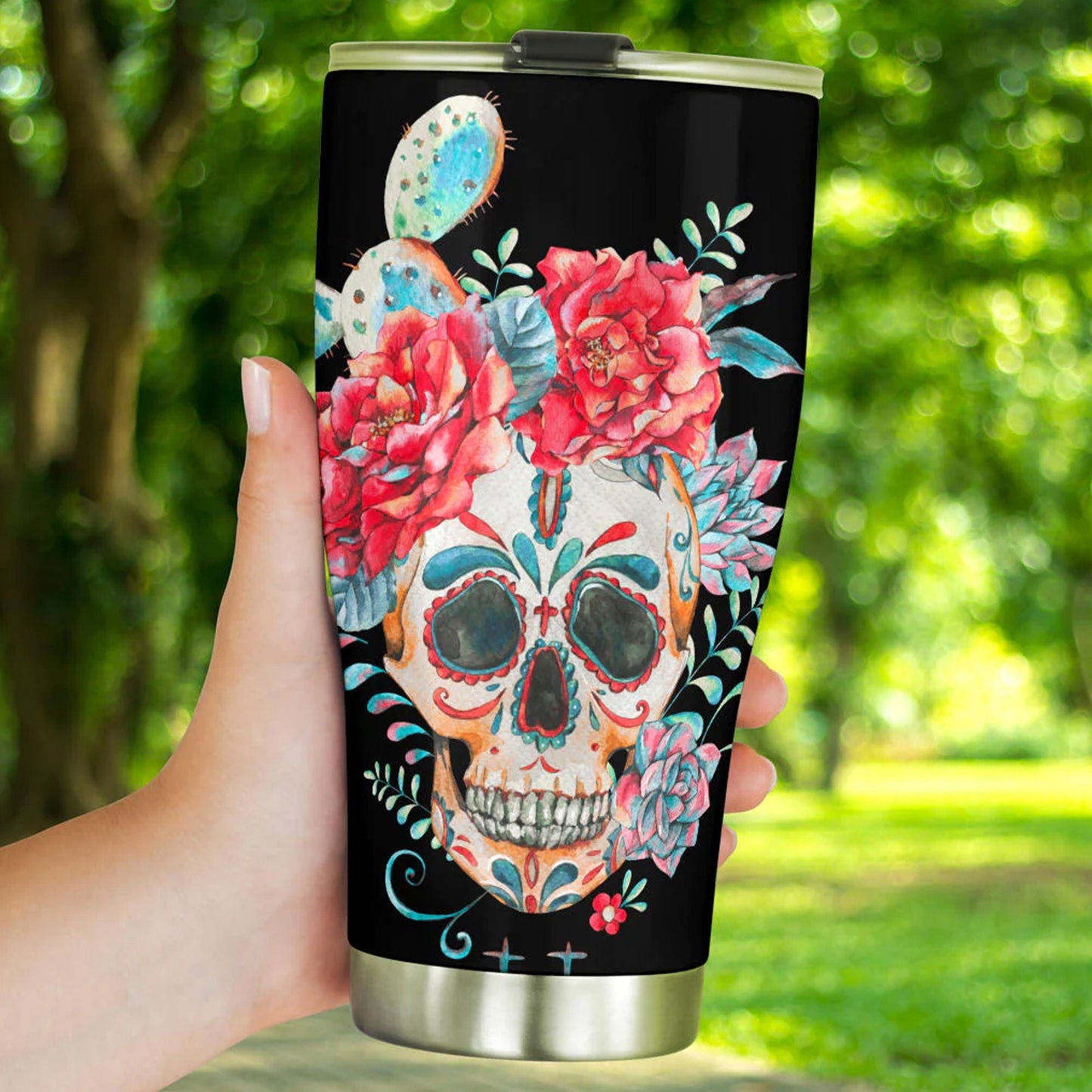 Floral skull tumbler, gothic skull cup mug, skull travel tumbler fire skull mug tumblr Halloween skeleton tumbler grim reaper gothic mug cup