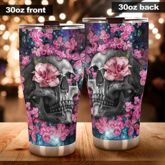 Floral skull tumbler, rose skull cup mug, skull travel tumbler Horror skull mug tumblr Halloween skeleton tumbler grim reaper gothic mug cup