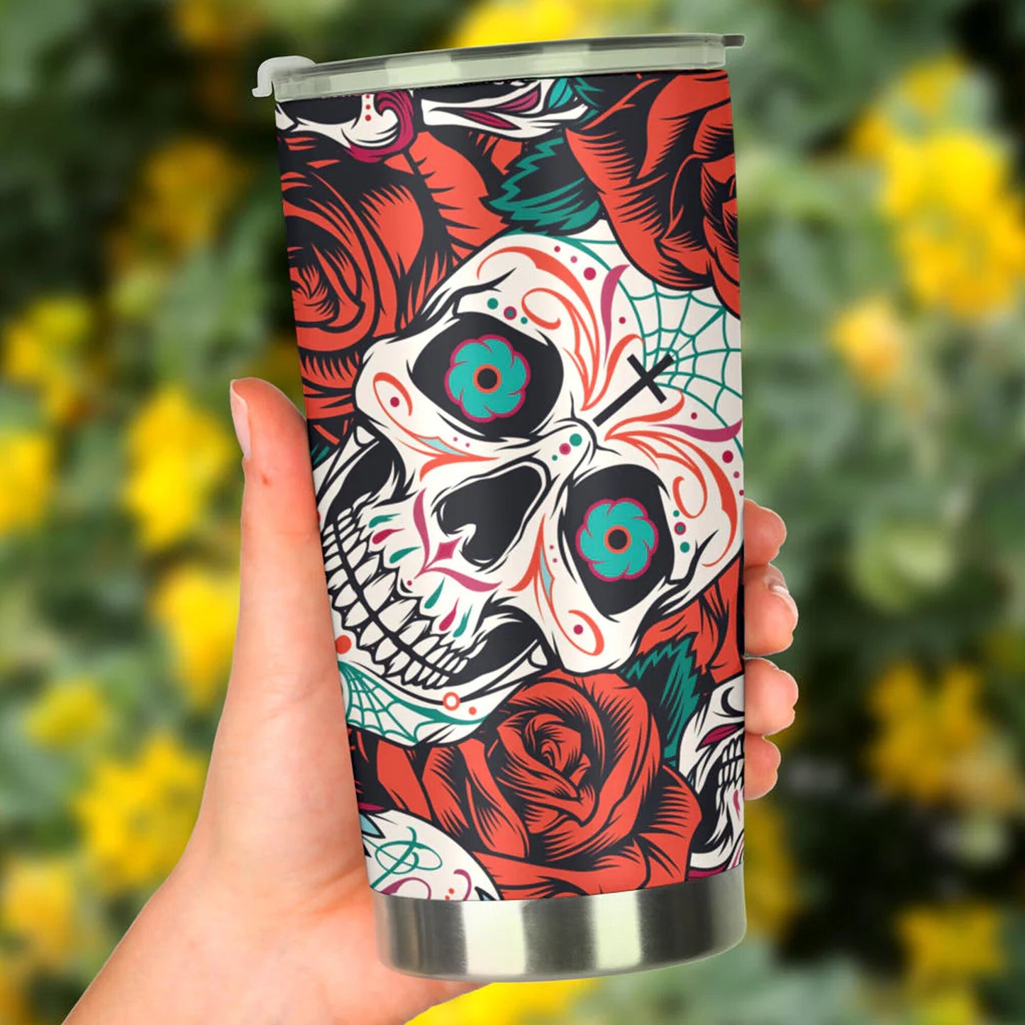 Floral skull tumbler, rose skull cup mug, skull travel tumbler Horror skull mug tumblr Halloween skeleton tumbler grim reaper gothic mug cup
