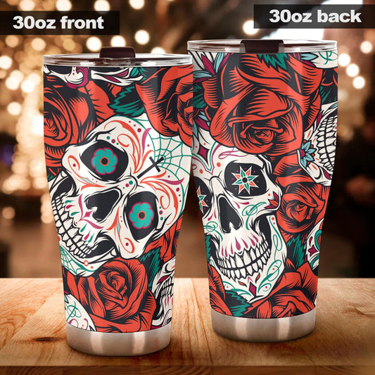 Floral skull tumbler, rose skull cup mug, skull travel tumbler Horror skull mug tumblr Halloween skeleton tumbler grim reaper gothic mug cup