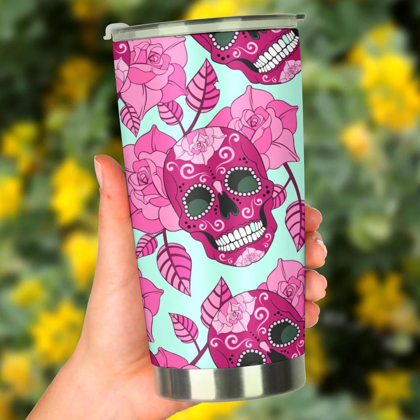 Floral skull tumbler, sugar skull cup mug tumbler, Dia de los muertos skull tumblr, skull tumbler mug cup, Day of the dead mug cup tumbler