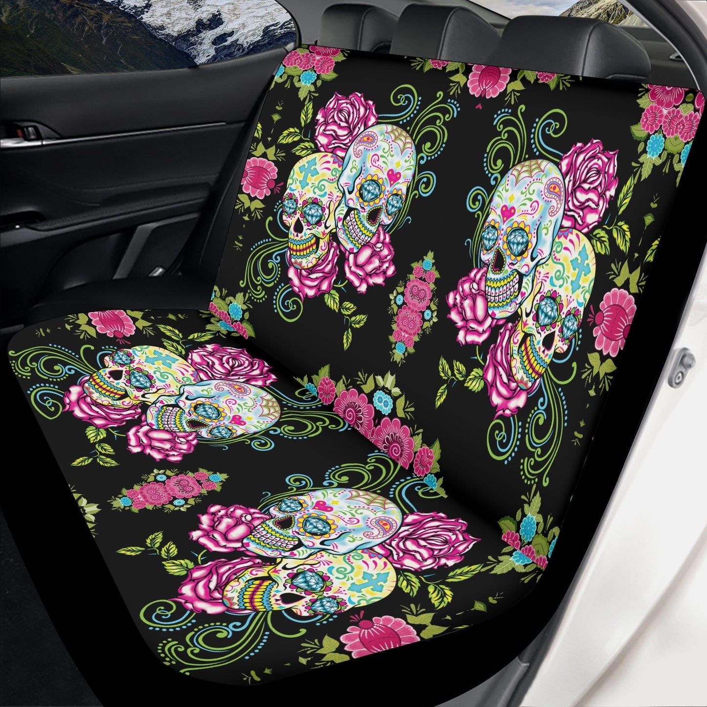Sugar skull Flower car seat cover, Sugar skull Seat Covers for car, skull car seat protector mat Mexican skull car accessories seat cover