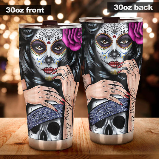 Sugar skull girl tumbler, Candy skull cat cup mug tumblr sugar skull love tumbler cup, skull mug tumbler day of the dead candy skull tumbler