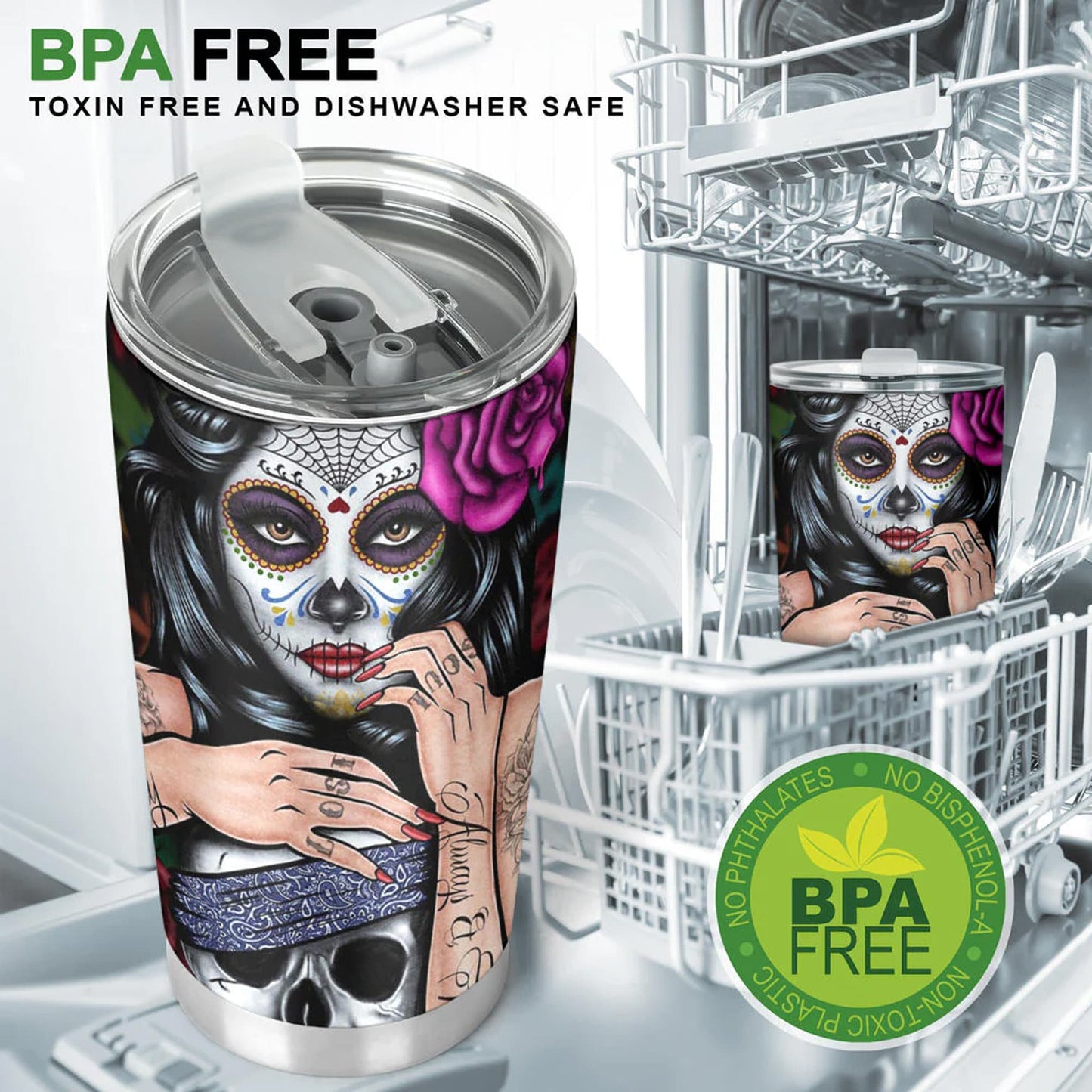Sugar skull girl tumbler, Candy skull cat cup mug tumblr sugar skull love tumbler cup, skull mug tumbler day of the dead candy skull tumbler