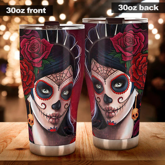 Day of the dead girl skull tumbler, Candy skull cup mug tumbler sugar skull girl tumbler cup Mexican skull day of the dead skull tumbler cup