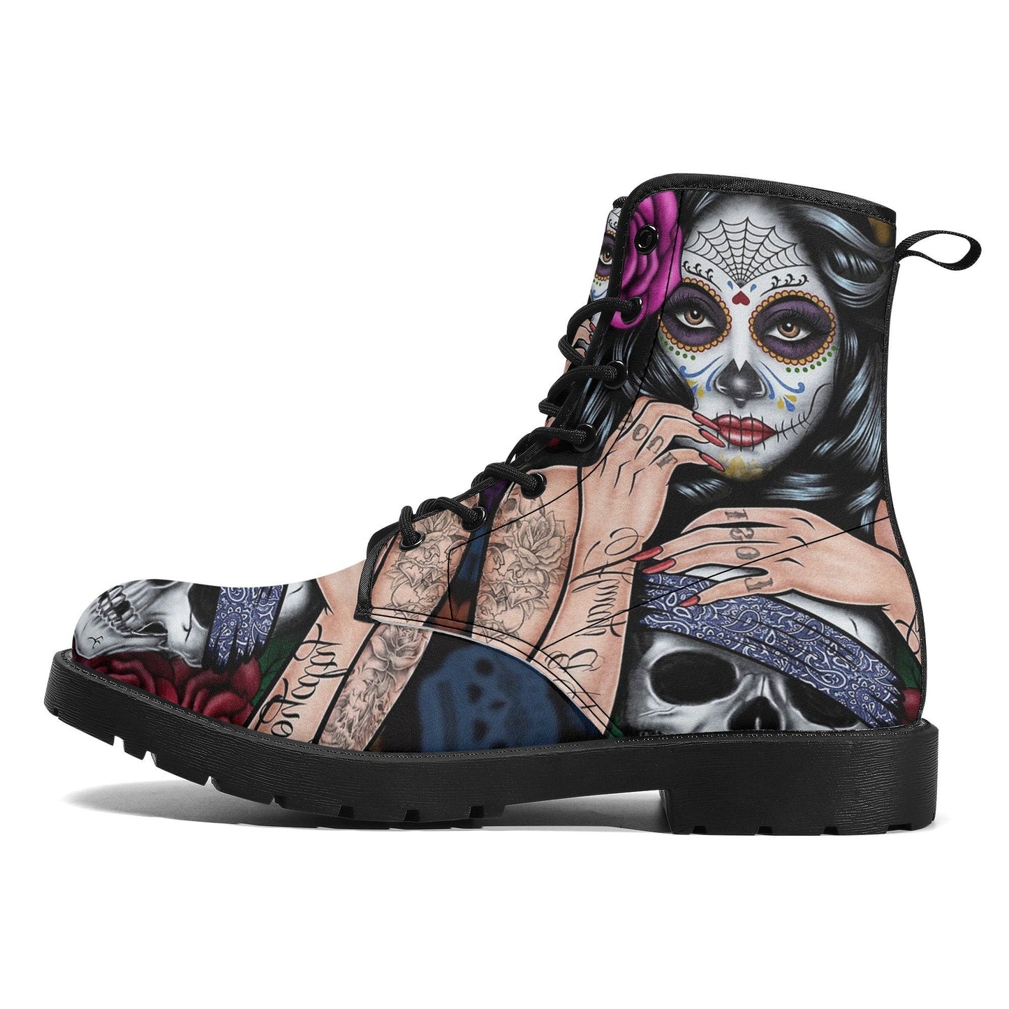 Candy skull day of the dead girl leather boots, Sugar skull girl boots men women, Dia de los muertos skull boots shoes, Floral skull boots