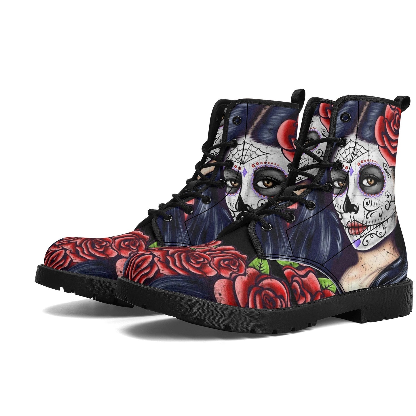 Sugar skull day of the dead girl leather boots, Sugar skull girl boots men women, Mexican calaveras skull girl boots shoes sugar skull boots