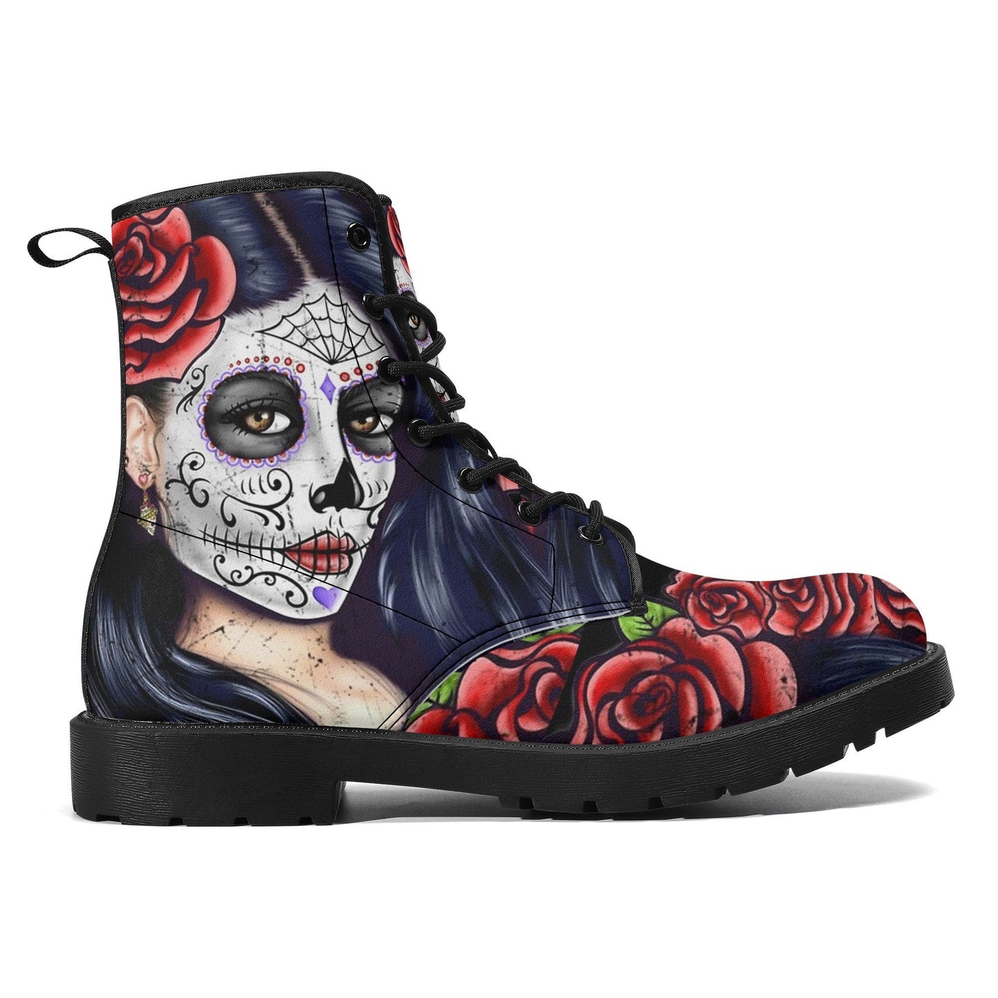Sugar skull day of the dead girl leather boots, Sugar skull girl boots men women, Mexican calaveras skull girl boots shoes sugar skull boots