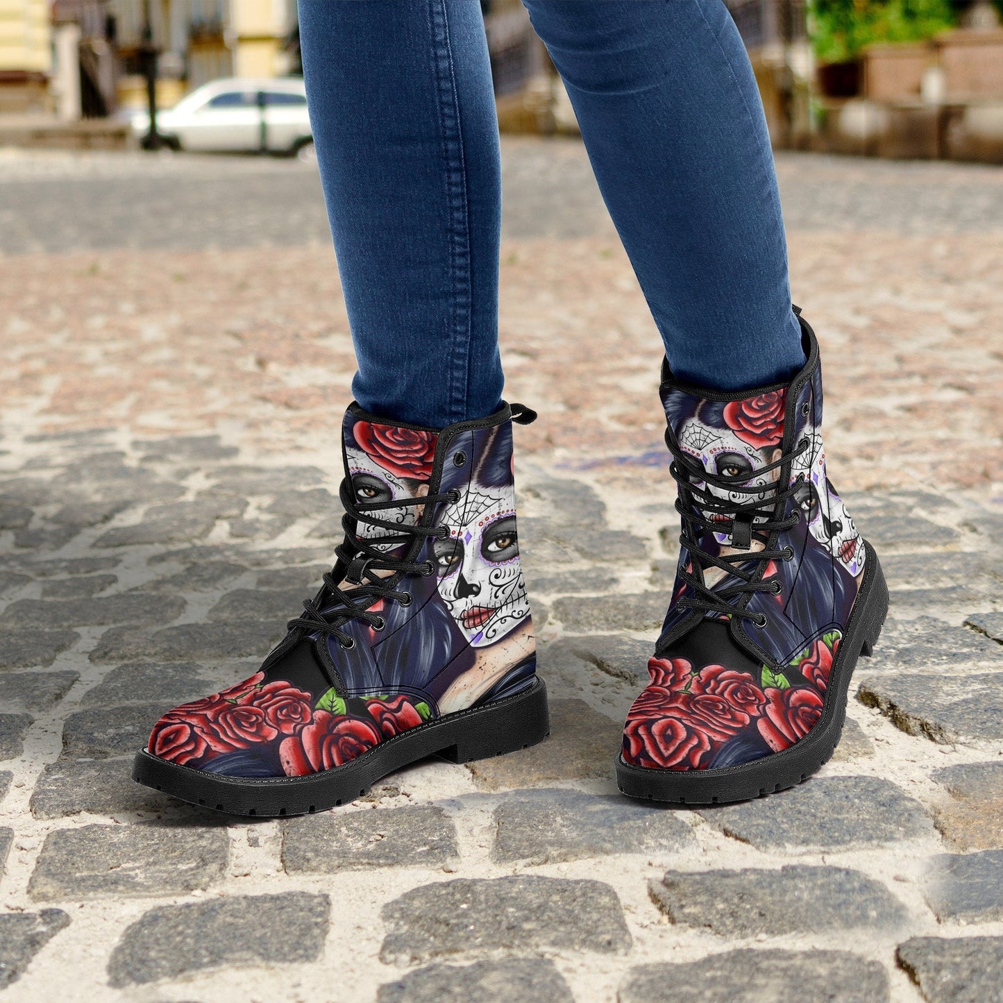 Sugar skull day of the dead girl leather boots, Sugar skull girl boots men women, Mexican calaveras skull girl boots shoes sugar skull boots