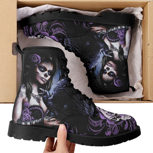 Sugar skull day of the dead girl leather boots, Candy skull girl boots men women Dia de los muertos skull girl boots shoes sugar skull boots