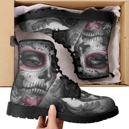 Sugar skull day of the dead girl leather boots, Candy skull girl boots men women Dia de los muertos skull girl boots shoes sugar skull boots