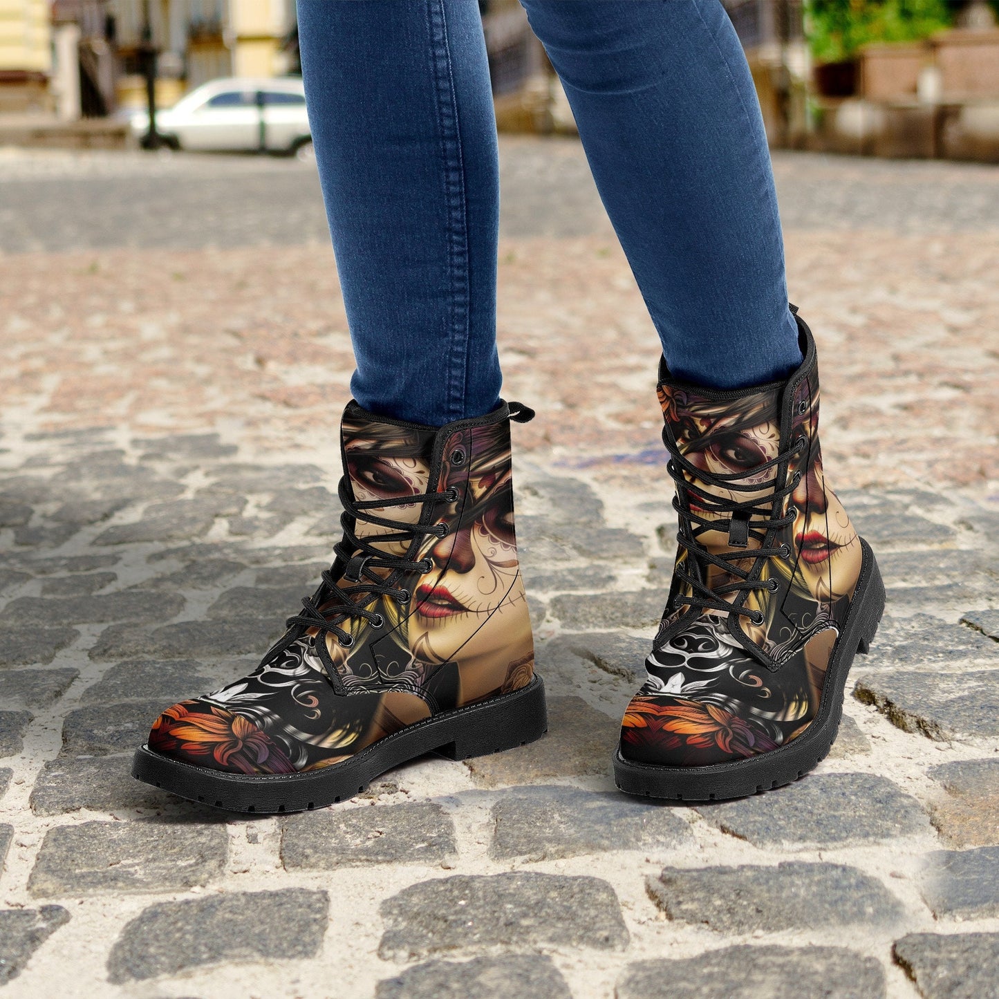 Day of the dead girl leather boots Candy skull girl boots men women Dia de los muertos skull girl boots shoes Mexico sugar skull boots shoes