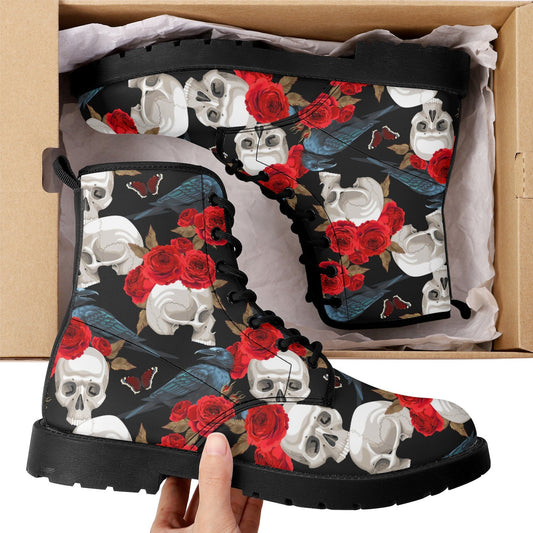 Rose skull men women boots, Floral skull boots, skeleton horror halloween skull boots, Punisher skull grim reaper leather rose skull boots