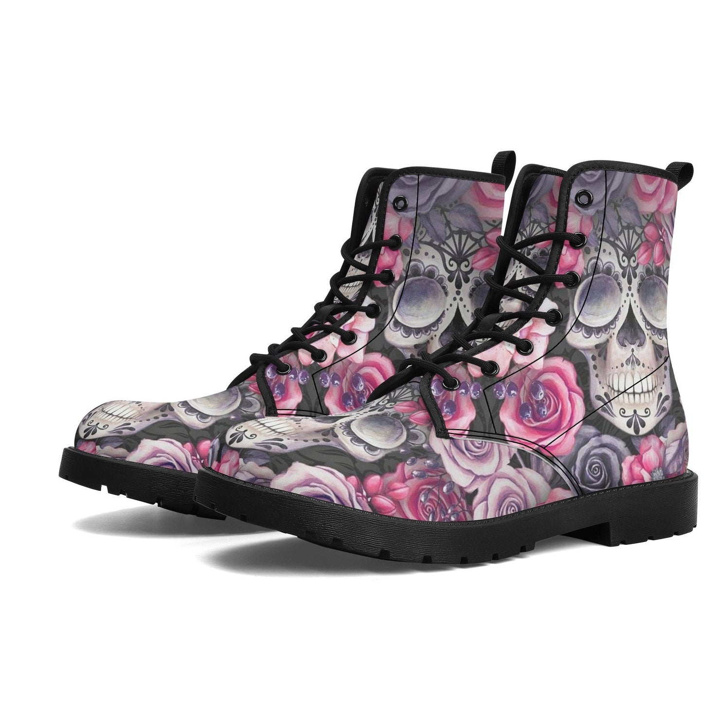 Floral skull men women boots, Floral skull boots, skeleton horror halloween skull boots, Punisher skull grim reaper leather rose skull boots