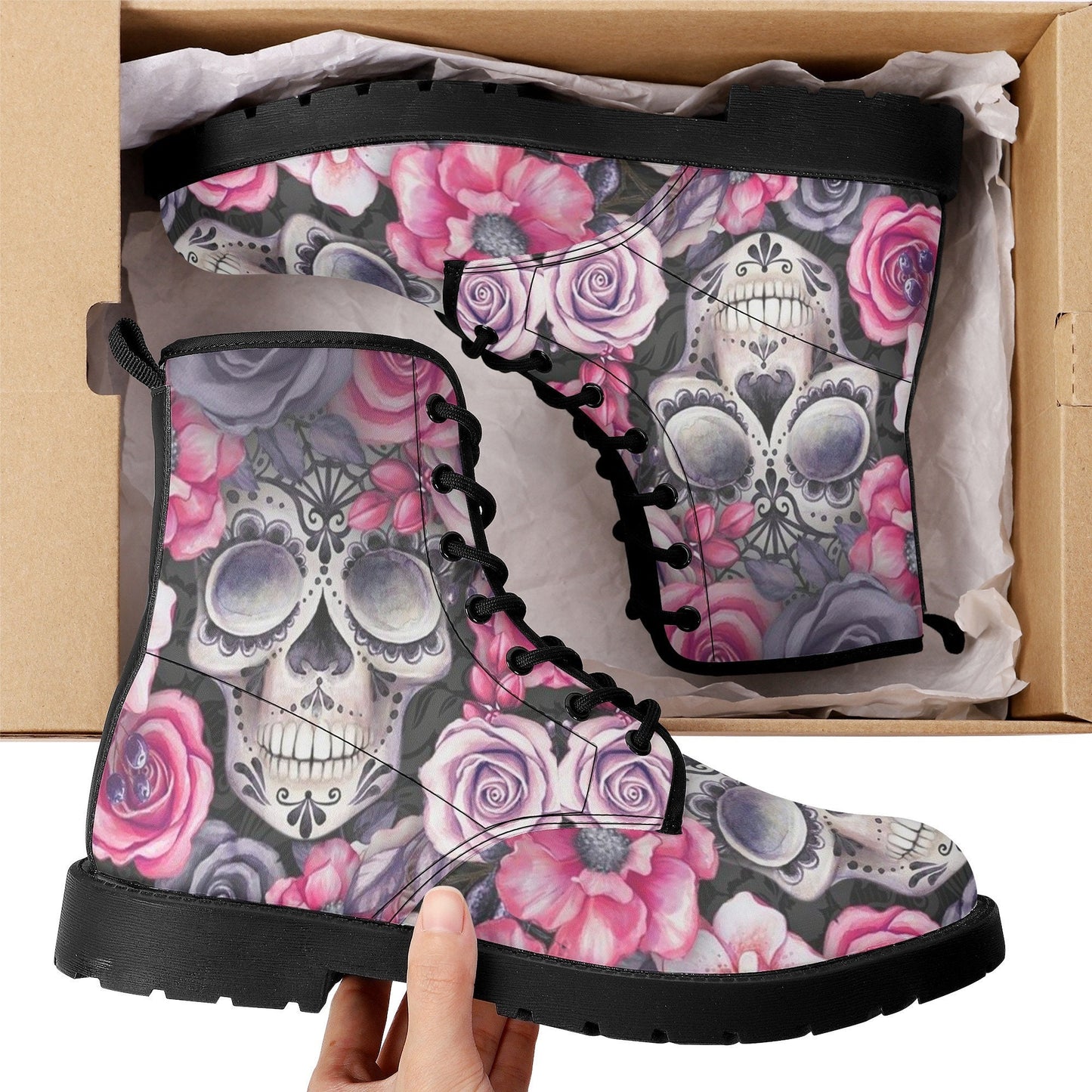 Floral skull men women boots, Floral skull boots, skeleton horror halloween skull boots, Punisher skull grim reaper leather rose skull boots