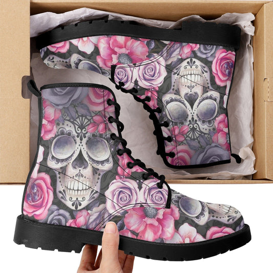 Floral skull men women boots, Floral skull boots, skeleton horror halloween skull boots, Punisher skull grim reaper leather rose skull boots