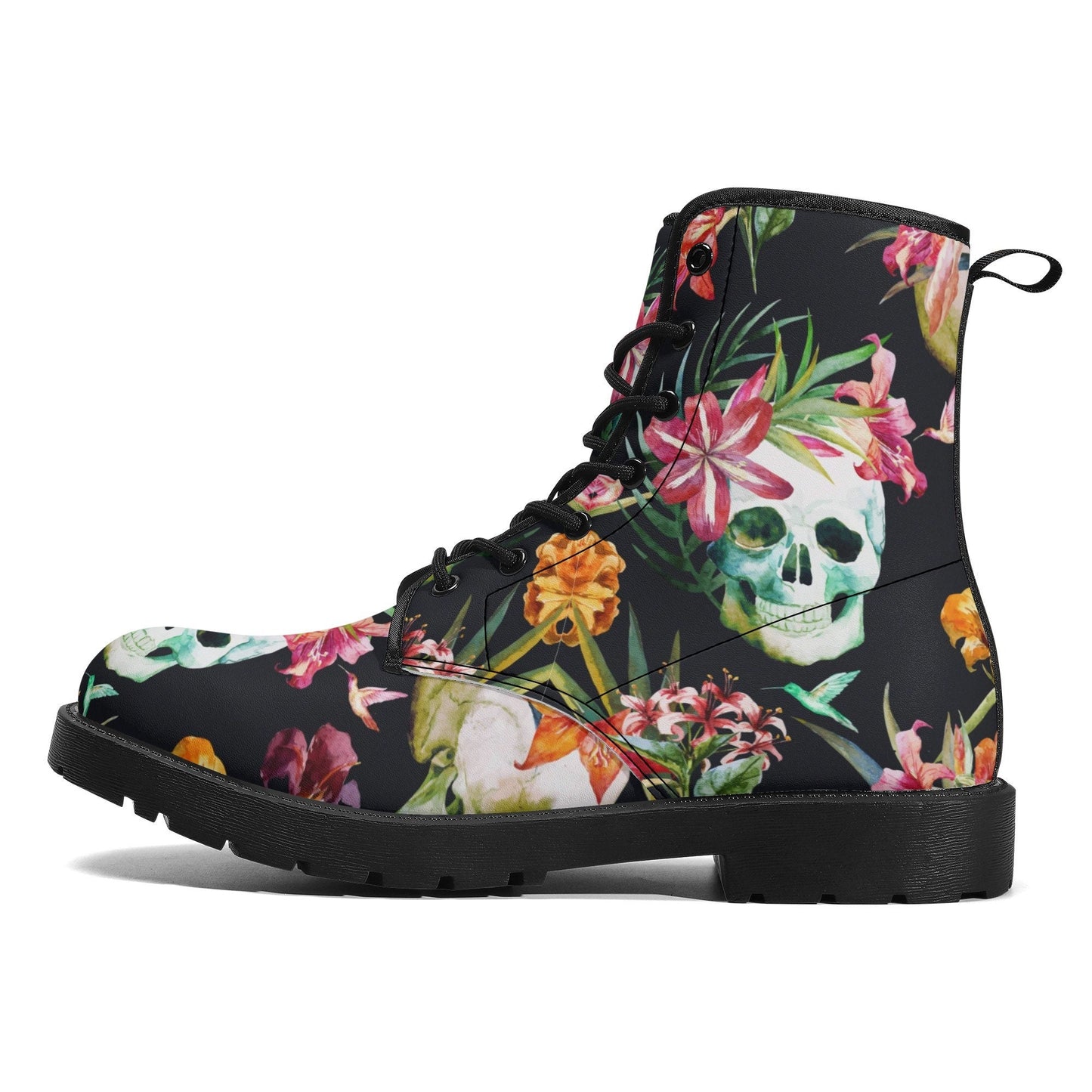 Floral skull men women boots, Floral skull boots, skeleton horror halloween skull boots, Gothic skull grim reaper leather rose skull boots