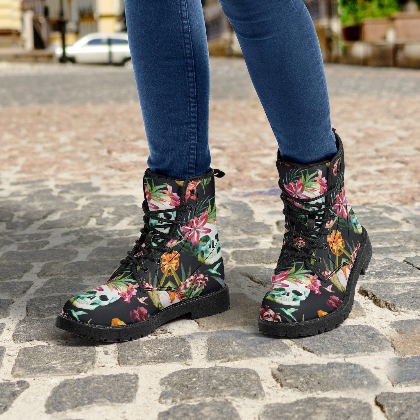 Floral skull men women boots, Floral skull boots, skeleton horror halloween skull boots, Gothic skull grim reaper leather rose skull boots