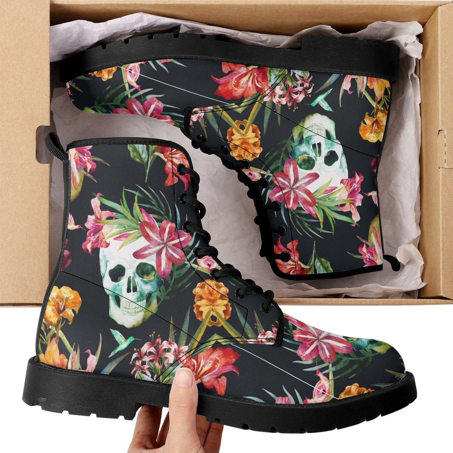 Floral skull men women boots, Floral skull boots, skeleton horror halloween skull boots, Gothic skull grim reaper leather rose skull boots