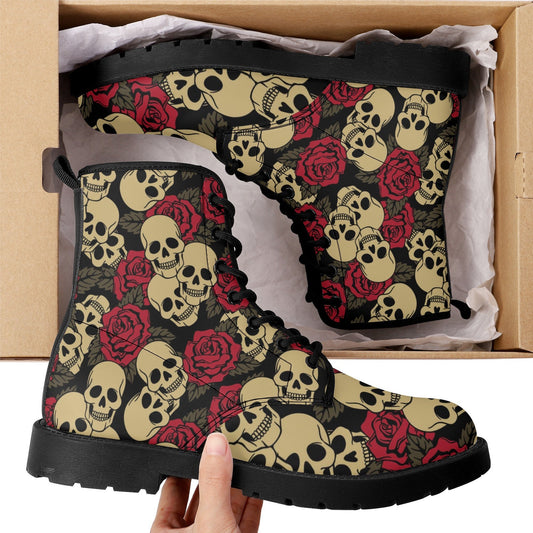Floral skull men women boots, Floral day of the dead boots, horror halloween skull boots, gothic skull grim reaper leather rose skull boots