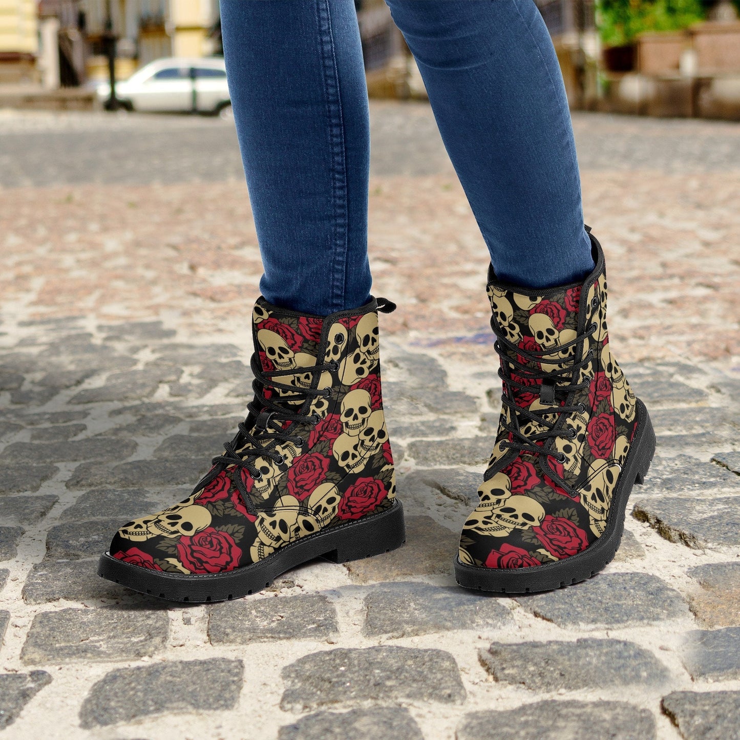 Floral skull men women boots, Floral day of the dead boots, horror halloween skull boots, gothic skull grim reaper leather rose skull boots