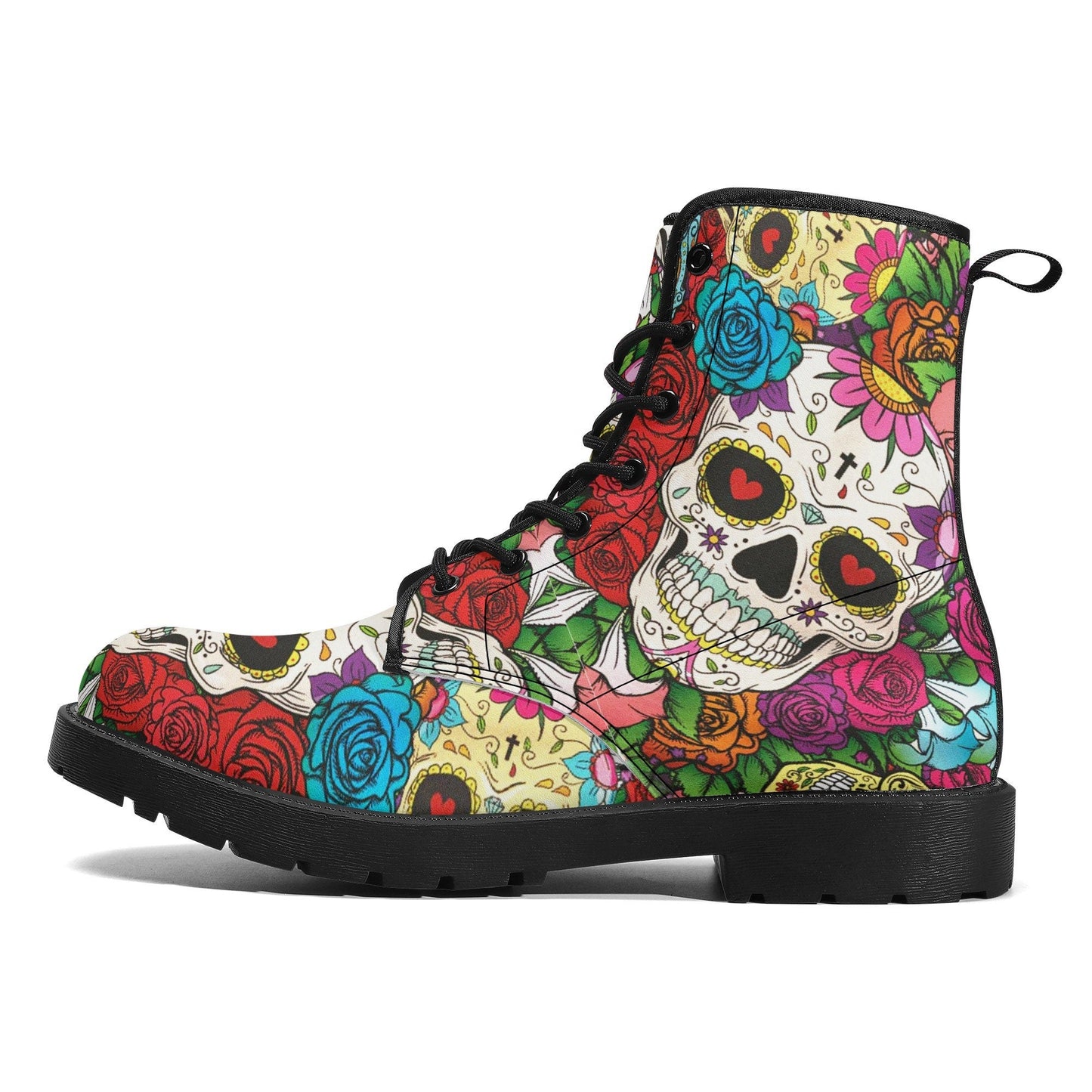 Mexico skull day of the dead leather boots, Sugar Calaveras skull boots men women, Dia de los muertos skull boots shoes, Candy skull boots