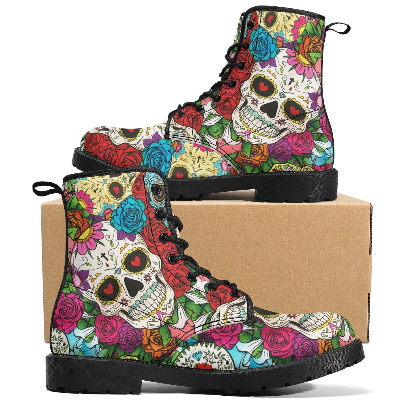 Mexico skull day of the dead leather boots, Sugar Calaveras skull boots men women, Dia de los muertos skull boots shoes, Candy skull boots