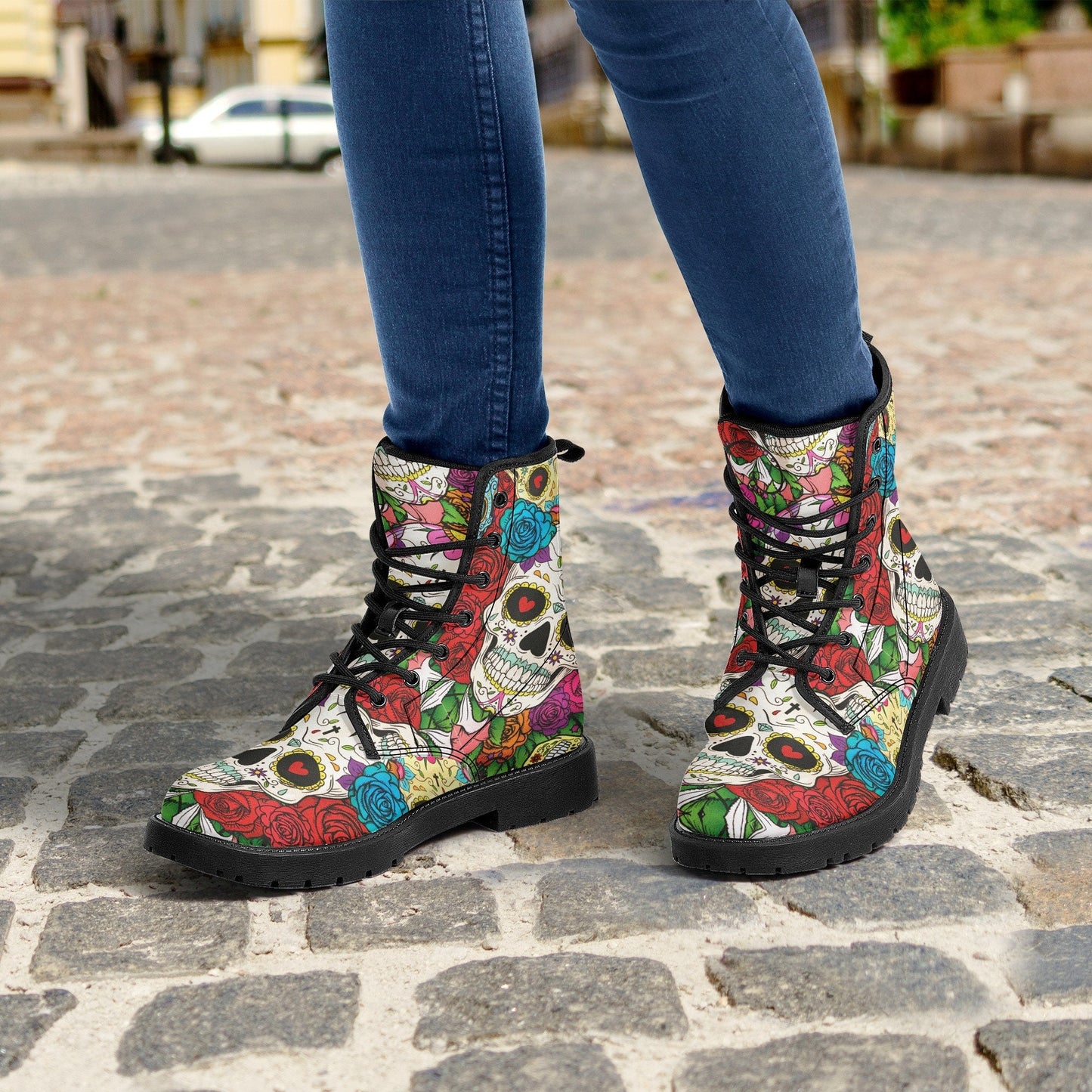 Mexico skull day of the dead leather boots, Sugar Calaveras skull boots men women, Dia de los muertos skull boots shoes, Candy skull boots