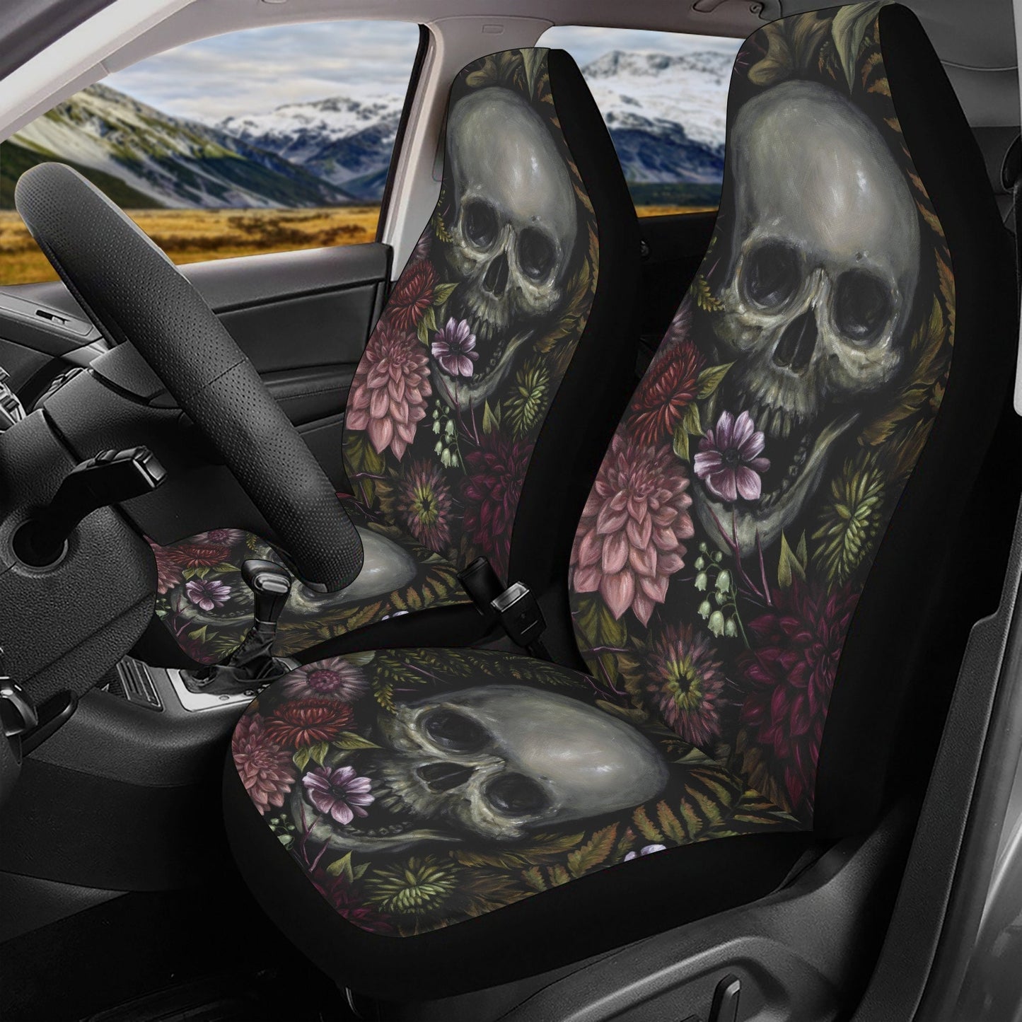 Floral skull seat cover for car, skull rug mat for car, Halloween skeleton car seat cover, Death floral gothic skull car seat cover car mats