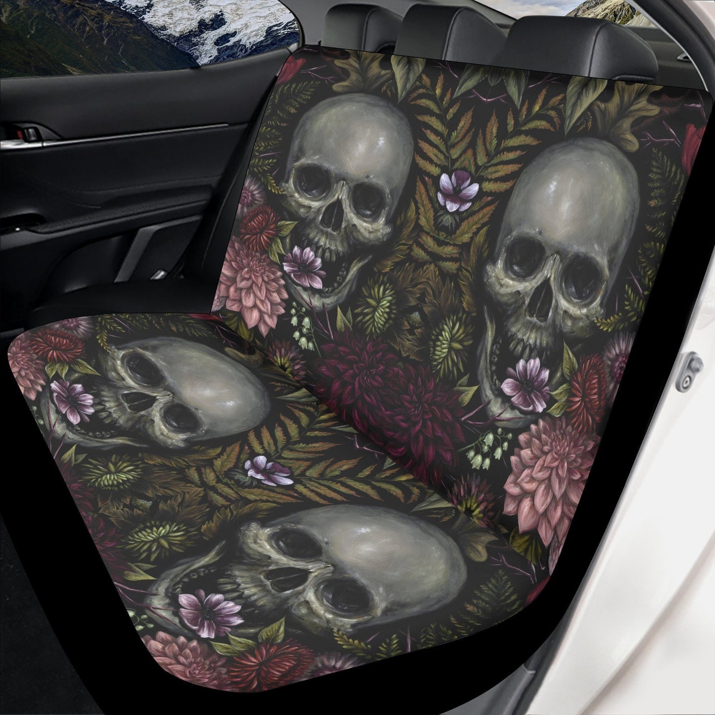 Floral skull seat cover for car, skull rug mat for car, Halloween skeleton car seat cover, Death floral gothic skull car seat cover car mats