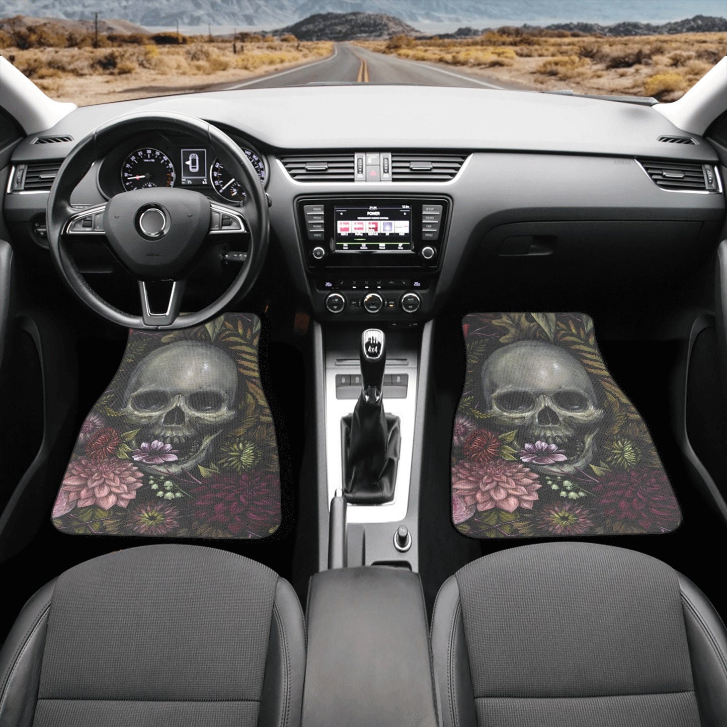 Floral skull seat cover for car, skull rug mat for car, Halloween skeleton car seat cover, Death floral gothic skull car seat cover car mats
