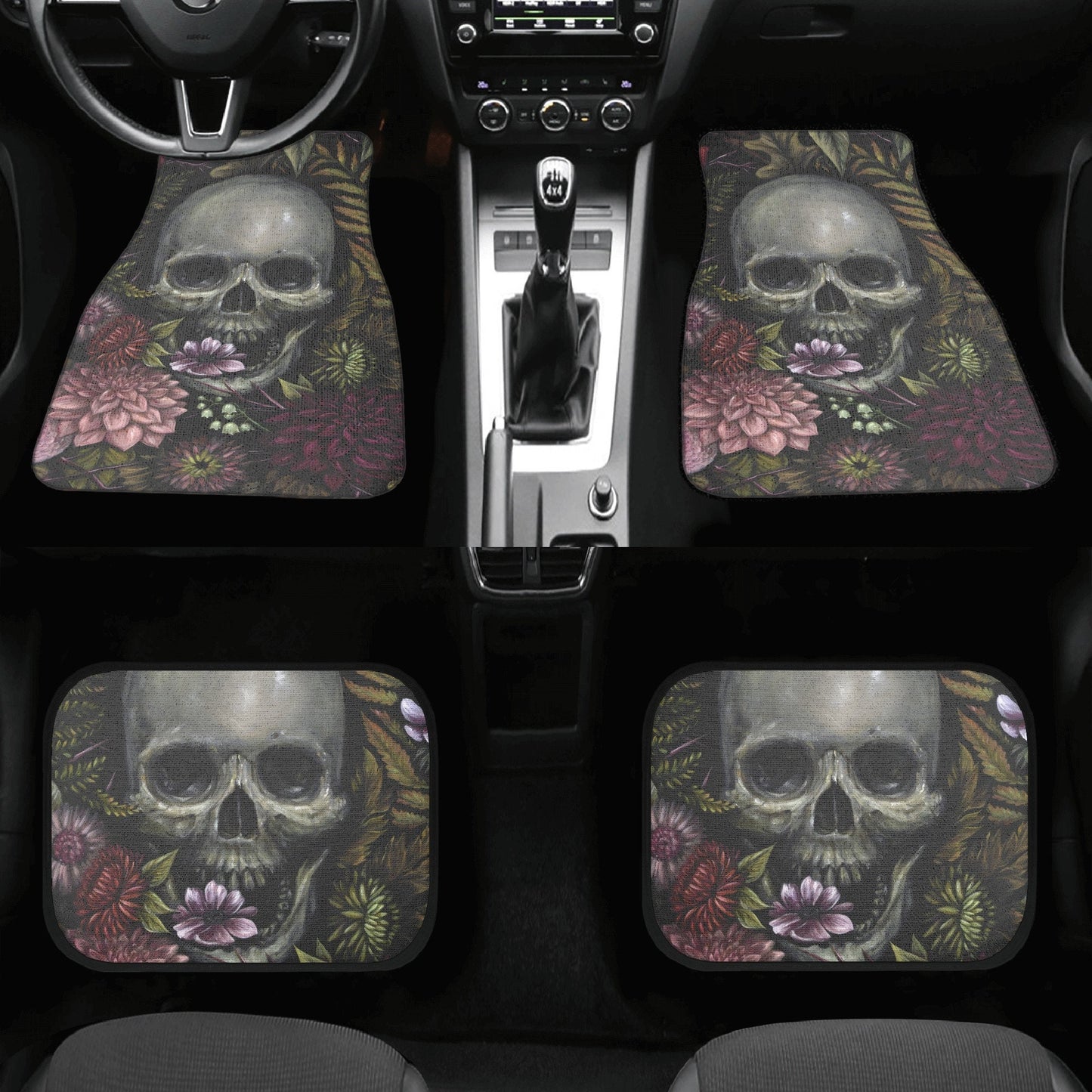 Floral skull seat cover for car, skull rug mat for car, Halloween skeleton car seat cover, Death floral gothic skull car seat cover car mats