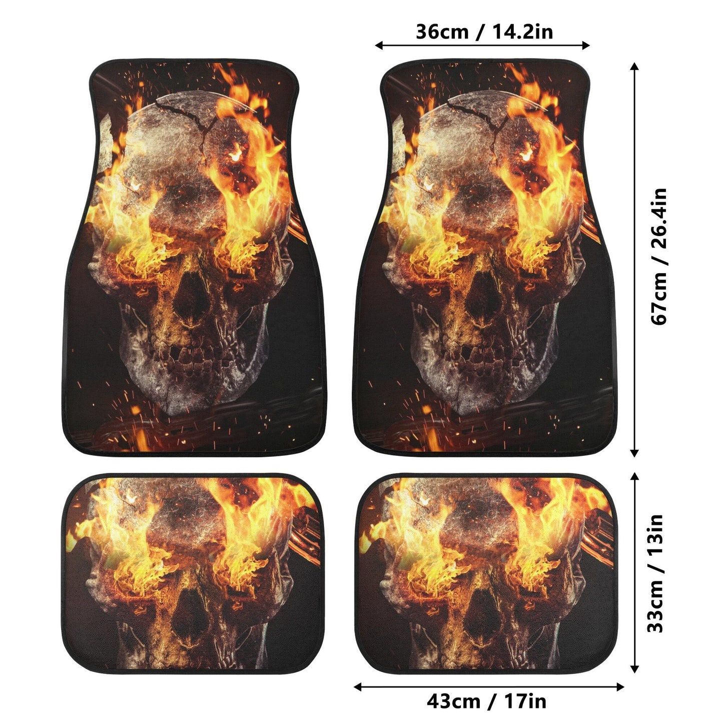 Flaming skull seat cover for car, skull in fire rug mat for car, Halloween fire skull car seat cover, gothic skull car seat cover car mats