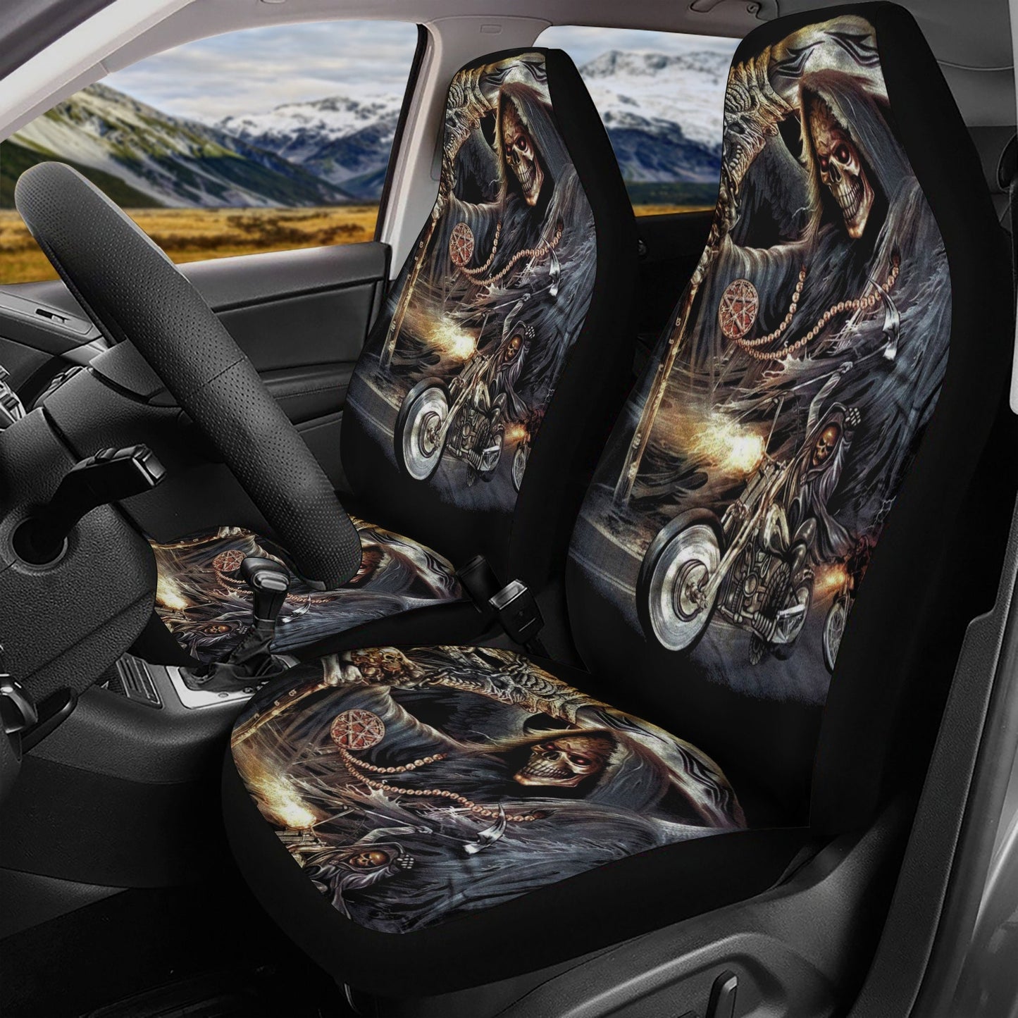 Grim reaper skull seat cover for car, skull rug mat for car, Halloween skeleton car seat cover, Death ghost skull car seat cover car mats