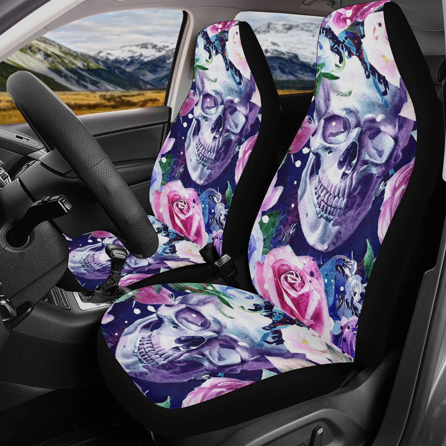 Floral skull car seat cover, rose skull rug mat for car, Halloween skeleton car seat cover, Death floral gothic skull car seat cover car mat