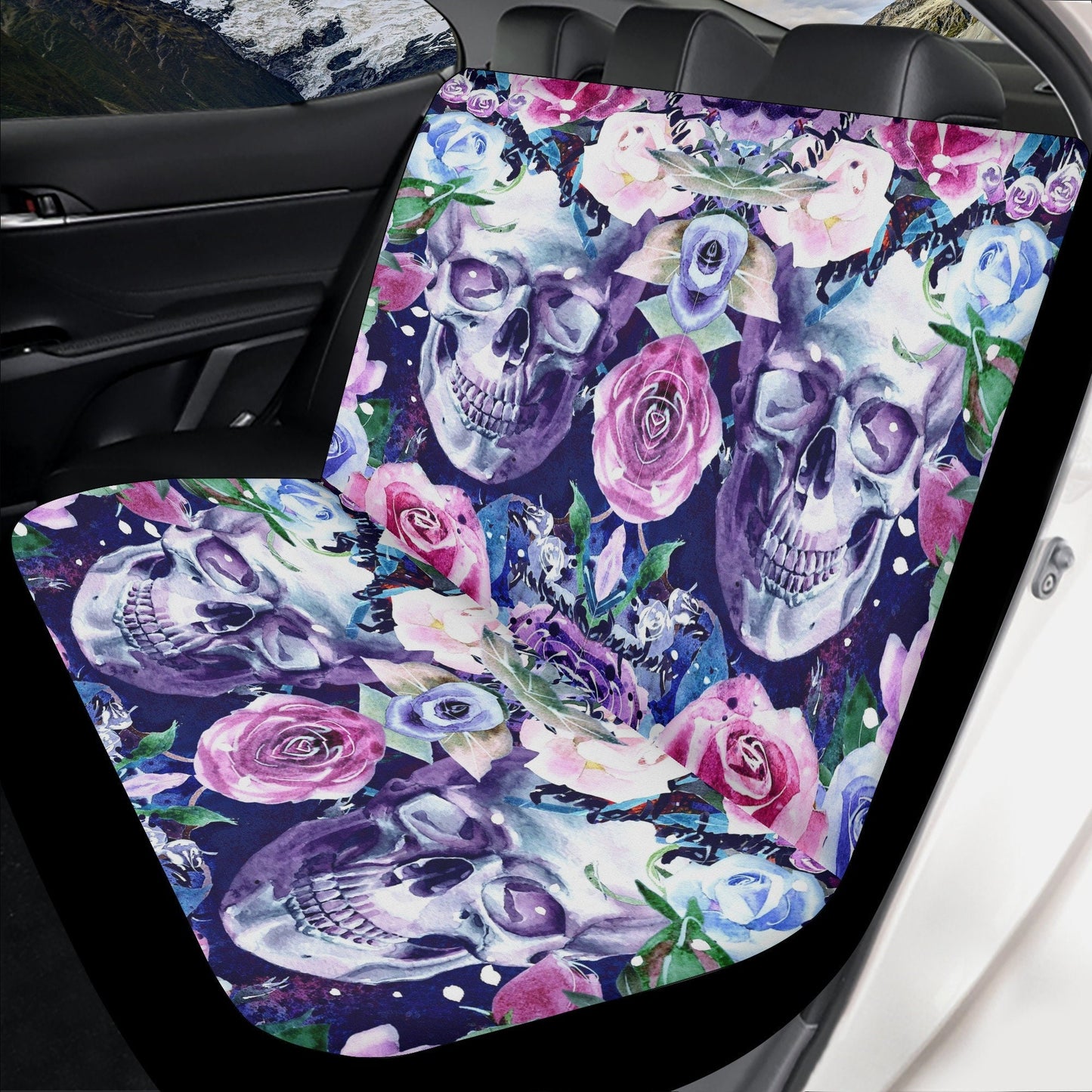 Floral skull car seat cover, rose skull rug mat for car, Halloween skeleton car seat cover, Death floral gothic skull car seat cover car mat