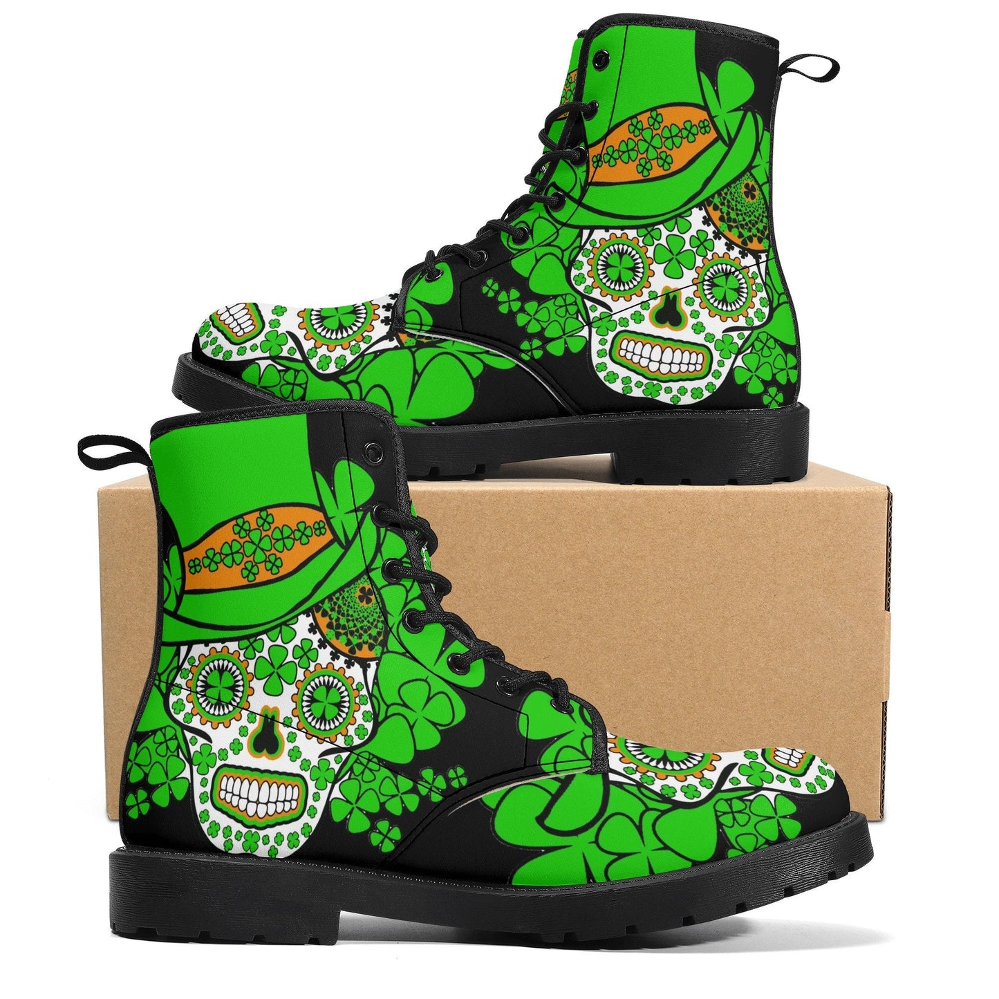 Saint Patrick's Day sugar skull leather boots, Sugar skull boots men women, Dia de los muertos skull boots shoes Calaveras Candy skull boots