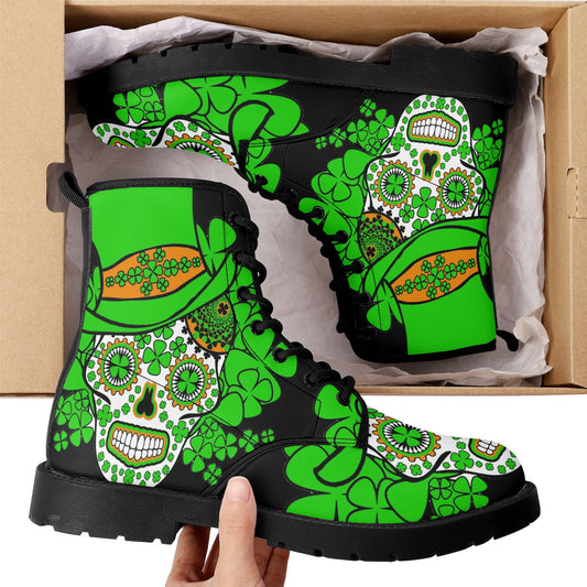 Saint Patrick's Day sugar skull leather boots, Sugar skull boots men women, Dia de los muertos skull boots shoes Calaveras Candy skull boots