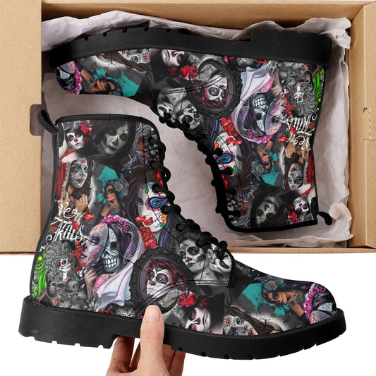Calaveras skull day of the dead leather boots Sugar Calaveras skull boots men women, Dia de los muertos skull boots shoes, Candy skull boots