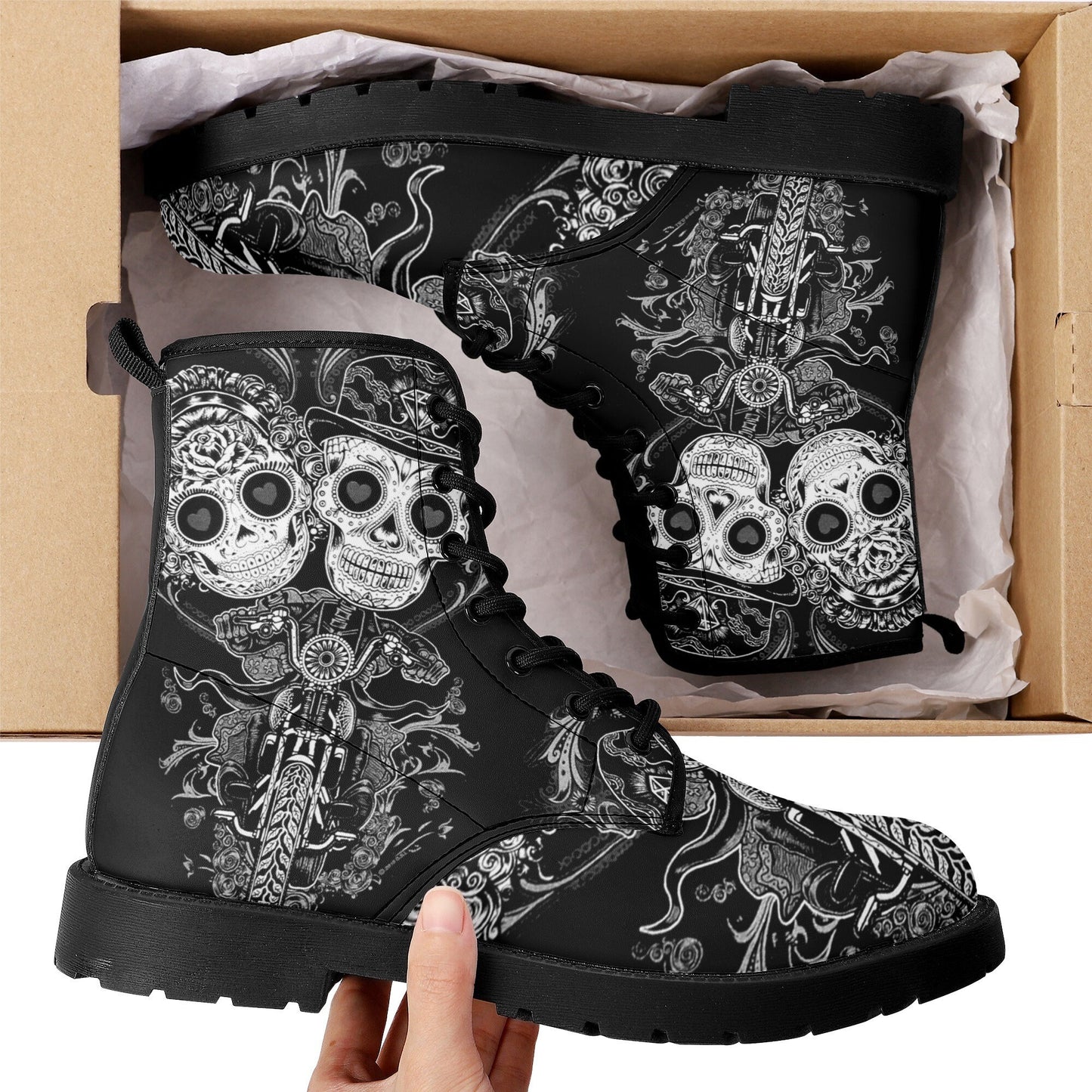 Sugar skull love day of the dead leather boots Calaveras skull boots men women Dia de los muertos Mexico skull boots shoes Candy skull boots