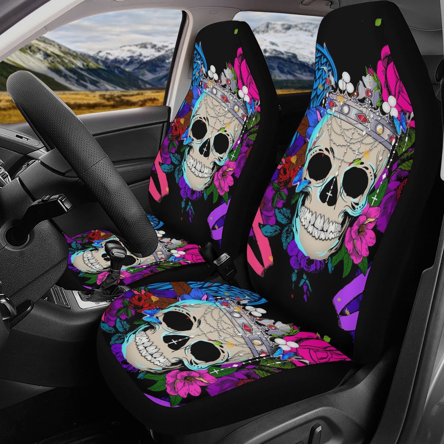 Floral skull seat cover for car, Day of the dead skull Seat Covers mat for car skull seat cover rug mat for car floral skull car seat covers
