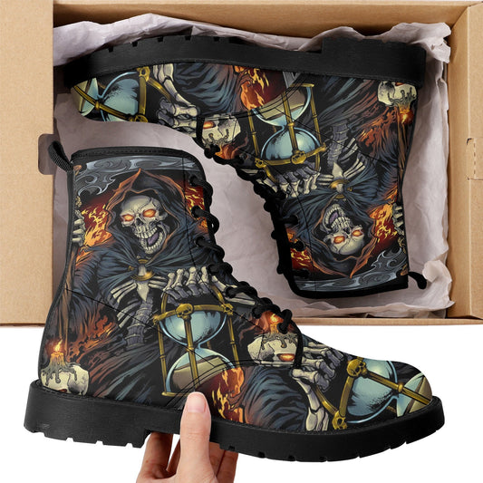 Gothic grim reaper leather boots, Halloween Goth skull boots, Christmas skull boots, Horror skull punisher leather skull evil boots shoes